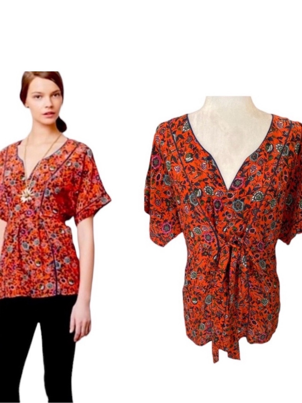 Anthropologie Red Floral V-Neck Blouse